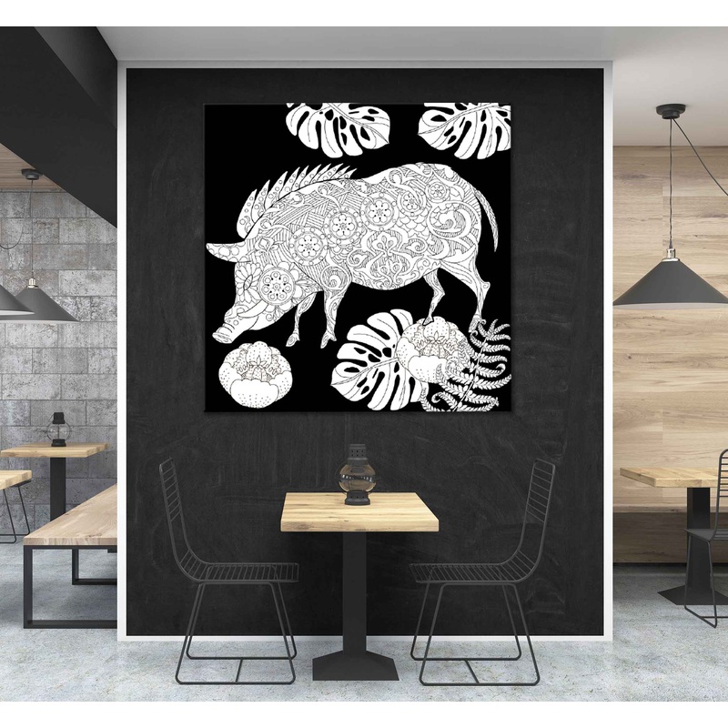 Square Canvas Leaves Pig on Dark B&W Vector High Quality Print 100% Australian Made