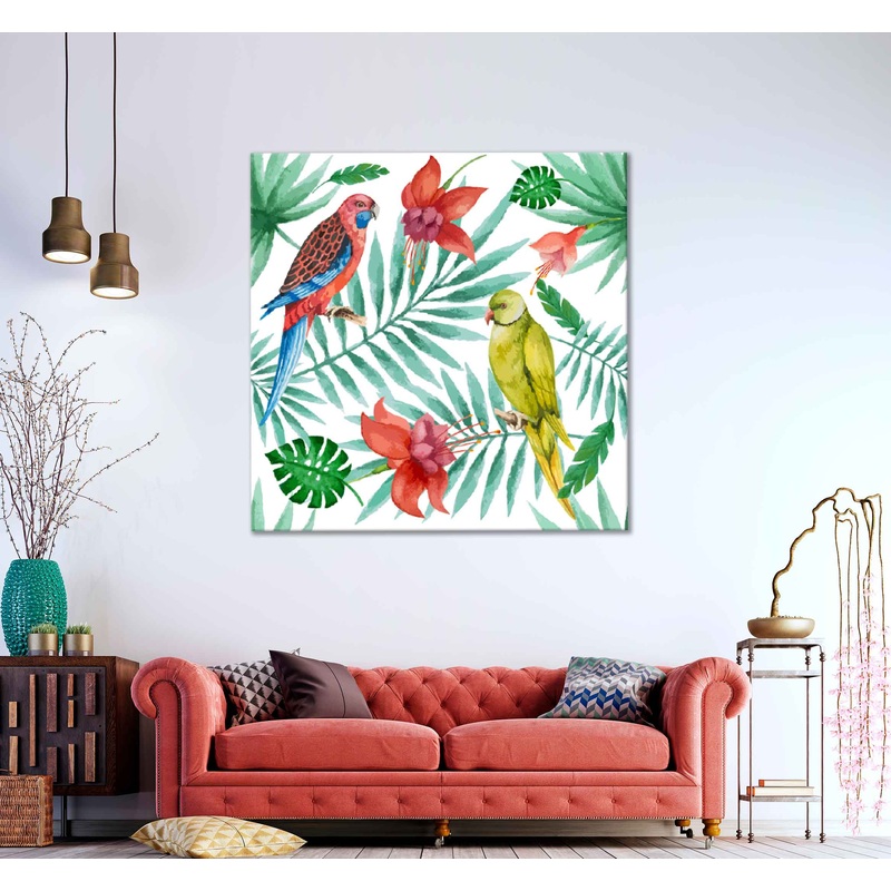 Square Canvas Parrot on Leaves Flowers Art High Quality Print 100% Australian Made
