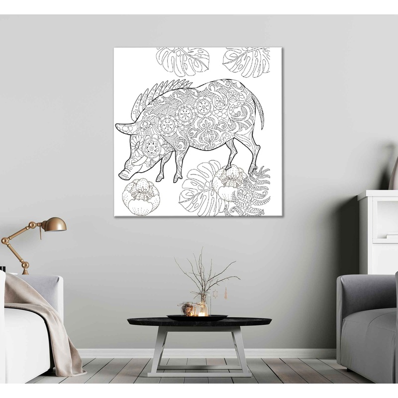 Square Canvas Pig with Leaves B&W Vector Design High Quality Print 100% Australian Made