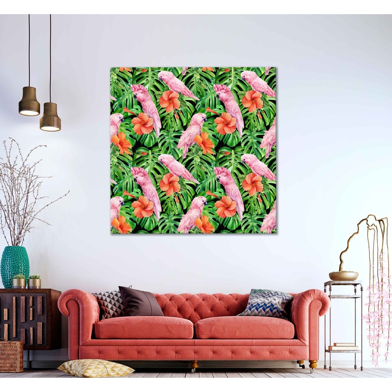Square Canvas Pink Parrot & Flowers Vector Design High Quality Print 100% Australian Made
