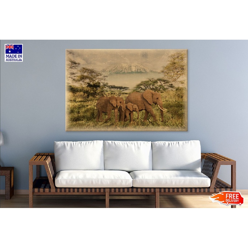 Vantage Old Elephants in Field Photograph Print 100% Australian Made