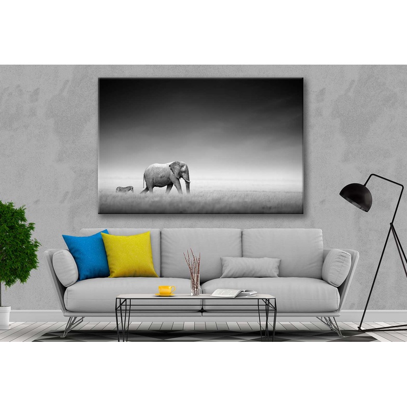Bella Home B&W Elephant & Zebra Walking Together Print Canvas Ready to hang