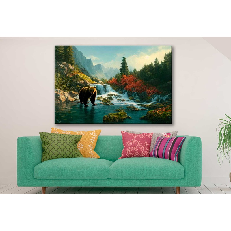 Bella Home Bear By River Mountains Painting Print Canvas Ready to hang