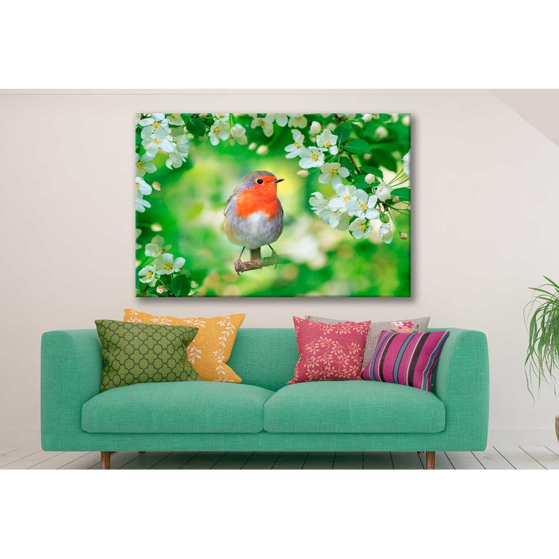 Bella Home Bird Sits on Apple Flower Branch Print Canvas Ready to hang