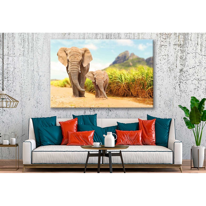 Bella Home Elephant & Calf Walking Together Print Canvas Ready to hang