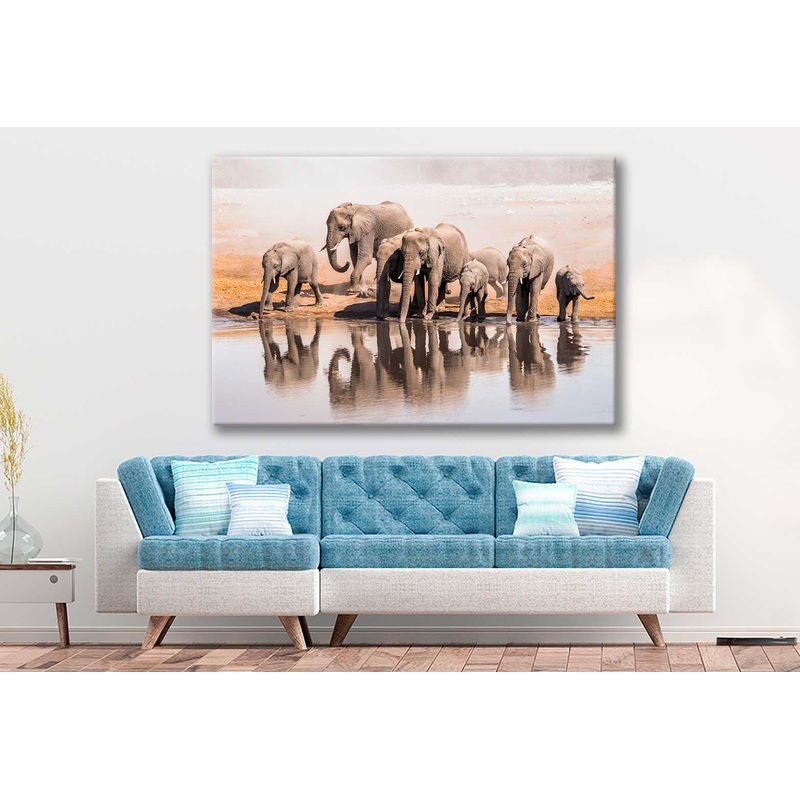 Bella Home Elephant Family Drinking Water From a Lake Print Canvas Ready to hang