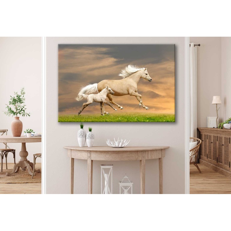 Bella Home Grass Field & Horses Sunset View Print Canvas Ready to hang