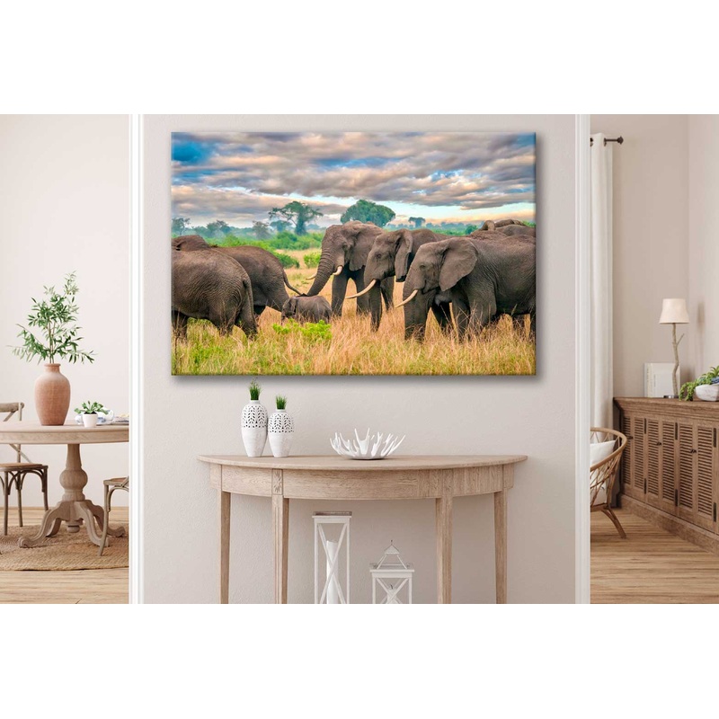 Bella Home Group of Elephants on Grass Field Print Canvas Ready to hang