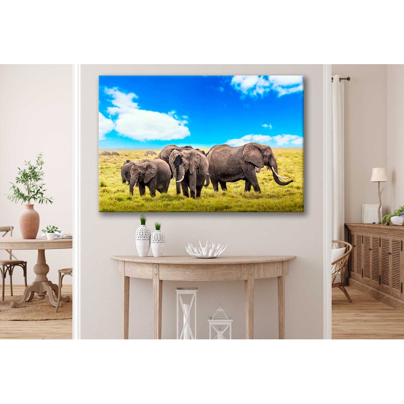 Bella Home Herd of Elephants & Grass Field Print Canvas Ready to hang