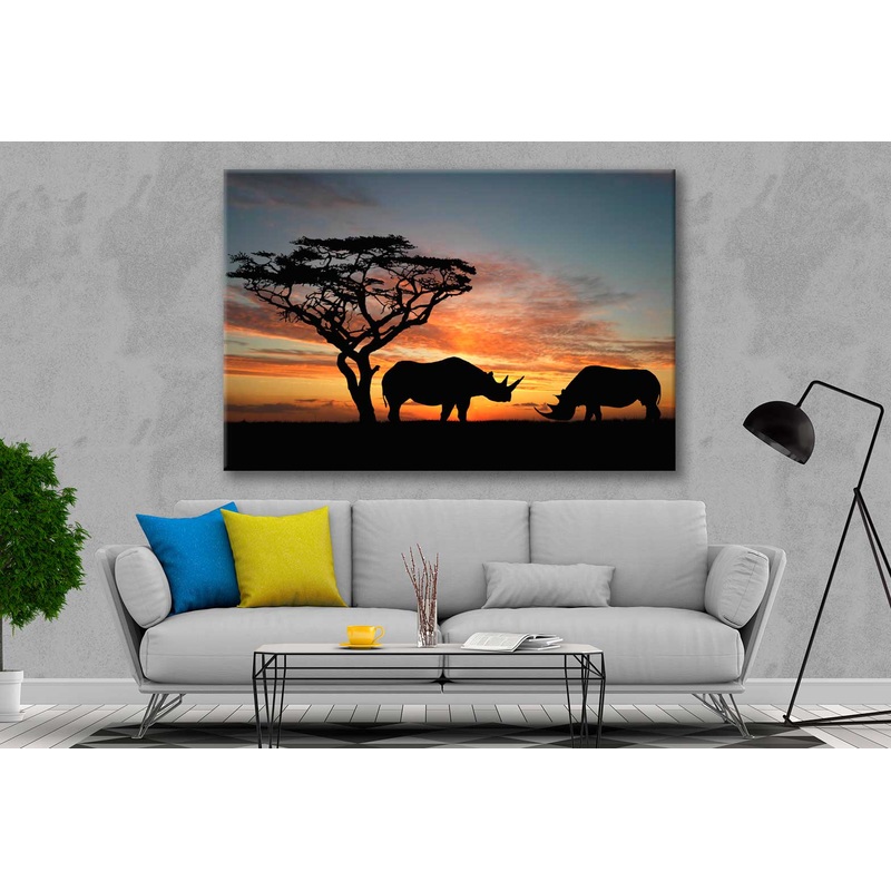 Bella Home Two Rhinoceros Over Orange Sky Print Canvas Ready to hang