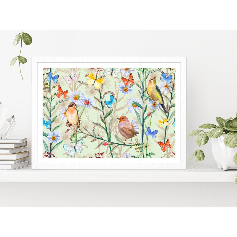 Birds & Butterflies Texture Glass Framed Wall Art, Ready to Hang Quality Print