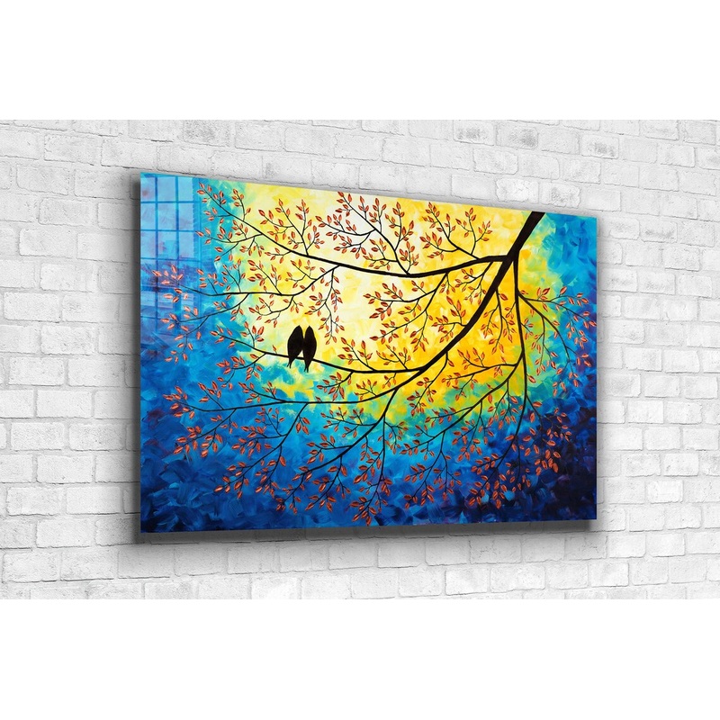 Birds on Tree Painting Print Tempered Glass Wall Art 100% Made in Australia Ready to Hang