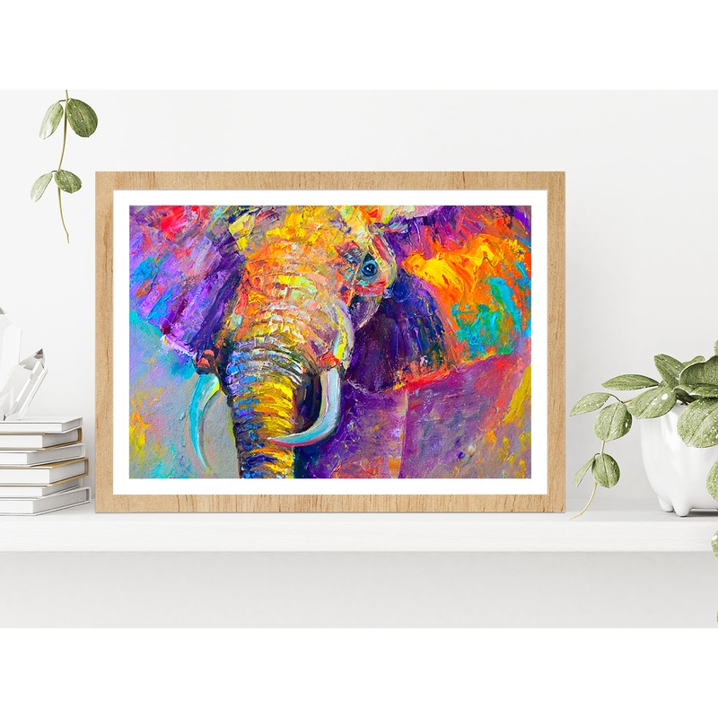 Colorful Elephant Painting Glass Framed Wall Art, Ready to Hang Quality Print