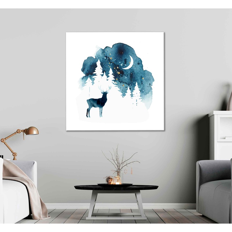Square Canvas Animal, Sky, Moon & Forest Watercolor Vector High Quality Print 100% Australian Made