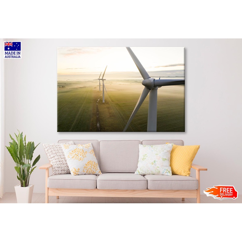 Aerial View Of Three Wind Turbines in The Early Morning Fog at Sunrise Wall Art Decor 100% Australian Made