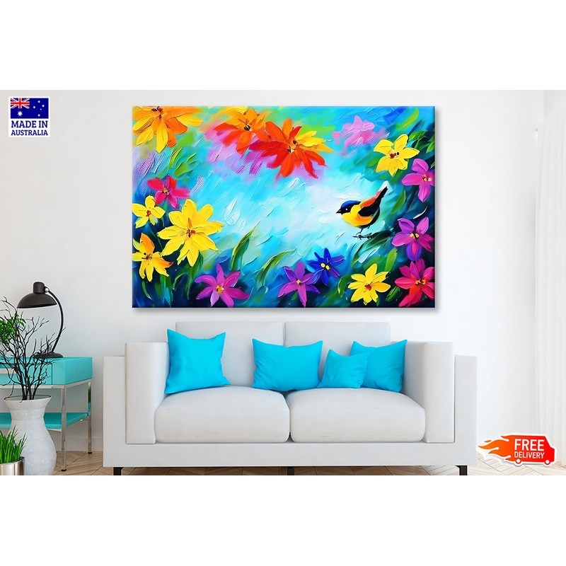 Bird & Spring Colorful Flowers Oil Painting Wall Art Limited Edition High Quality Print
