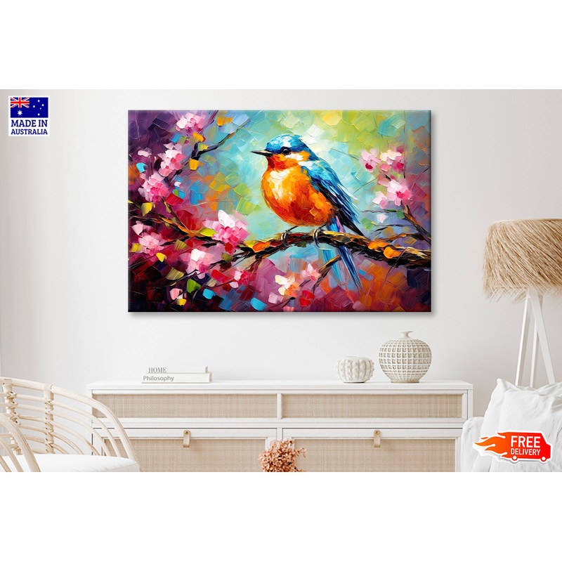 Blue Orange Bird Sitting on Tree Branch Painting Wall Art Limited Edition High Quality Print