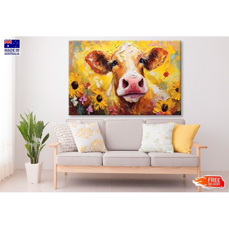 Closeup Cow Face with Sunflowers Oil Painting Wall Art Limited Edition High Quality Print