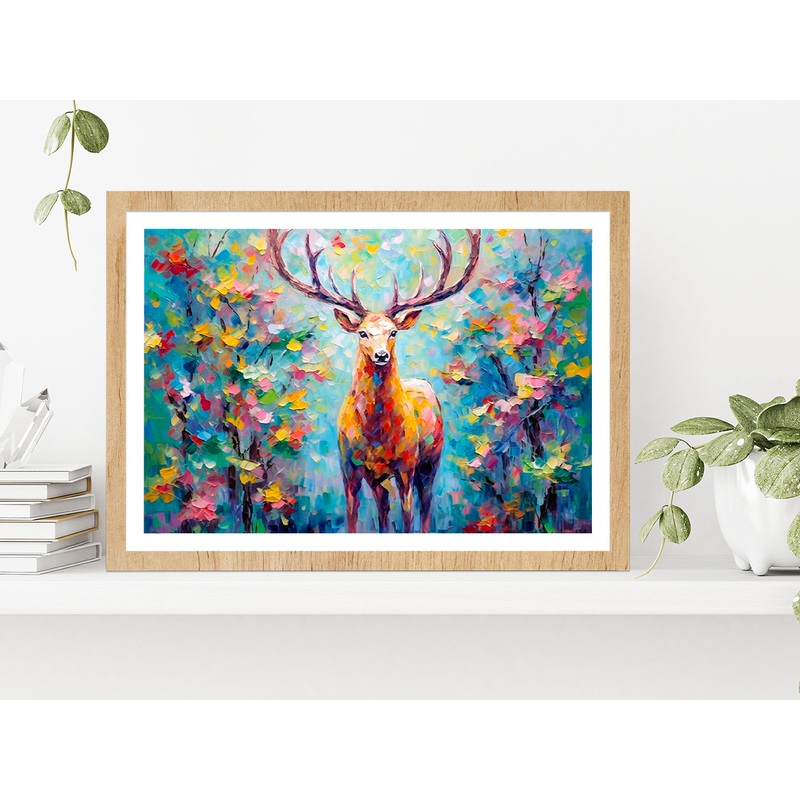 Colorful Deer In The Forest Painting Glass Framed Wall Art, Ready to Hang Quality Print