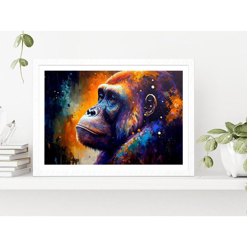 Colorful Gorilla Oil Painting Glass Framed Wall Art, Ready to Hang Quality Print