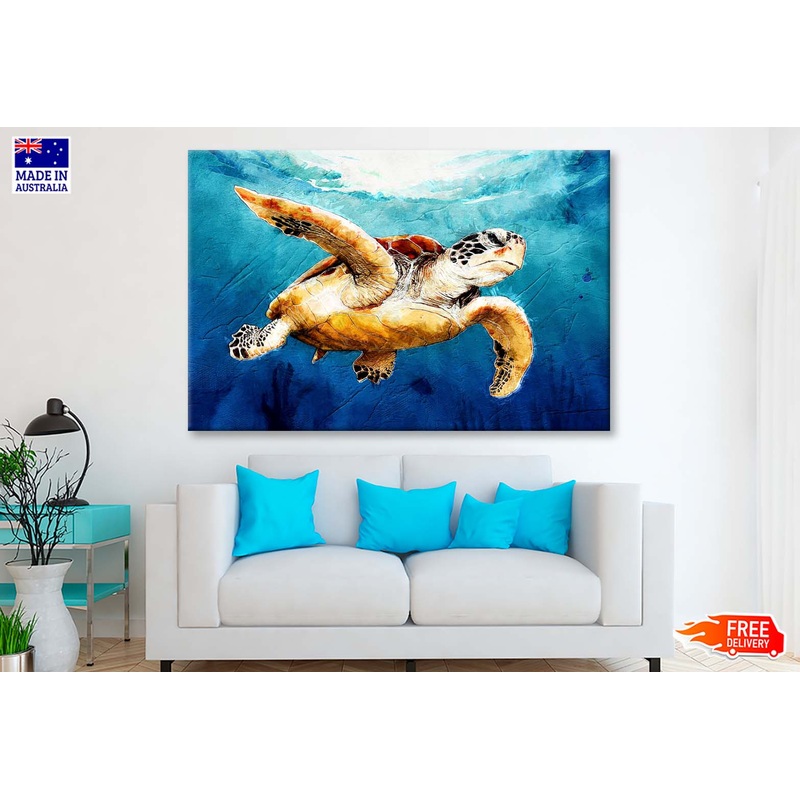 Sea Turtle Floats Watercolor Drawing Wall Art Limited Edition High Quality Print
