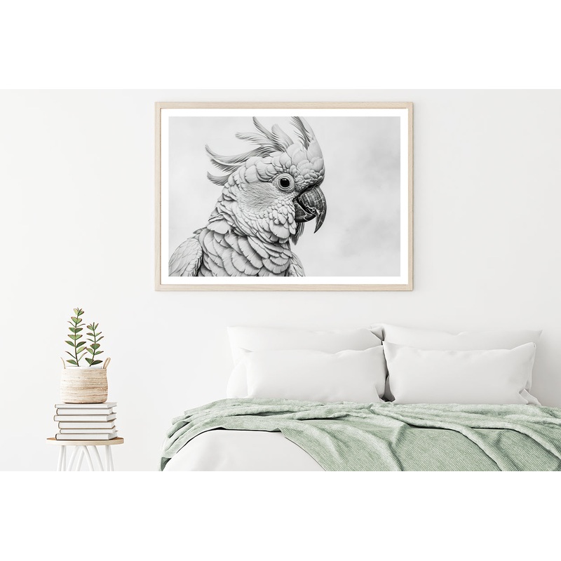 Sketch Of Cockatoo Bird in White Home Decor Premium Quality Poster Print Choose Your Sizes