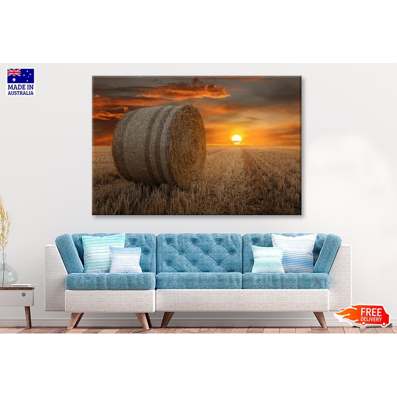Straw Bales in A Field at Sunset Wall Art Decor 100% Australian Made