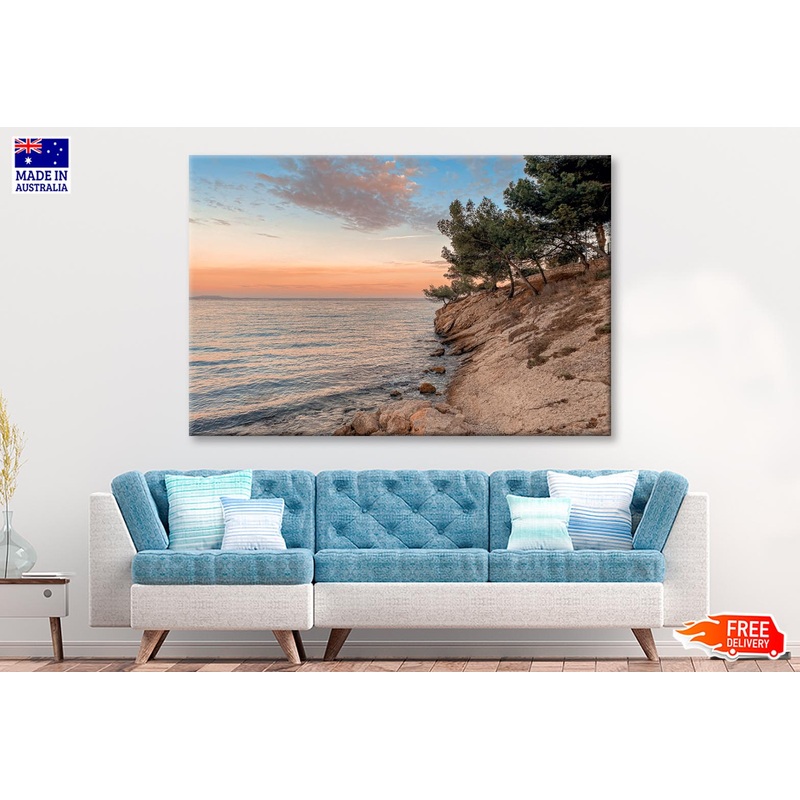 Sunset At the Sea on A Rocky Coast with Pine Trees Wall Art Decor 100% Australian Made
