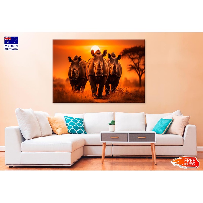 Three Big African Rhinos In Sunset  Print 100% Australian Made