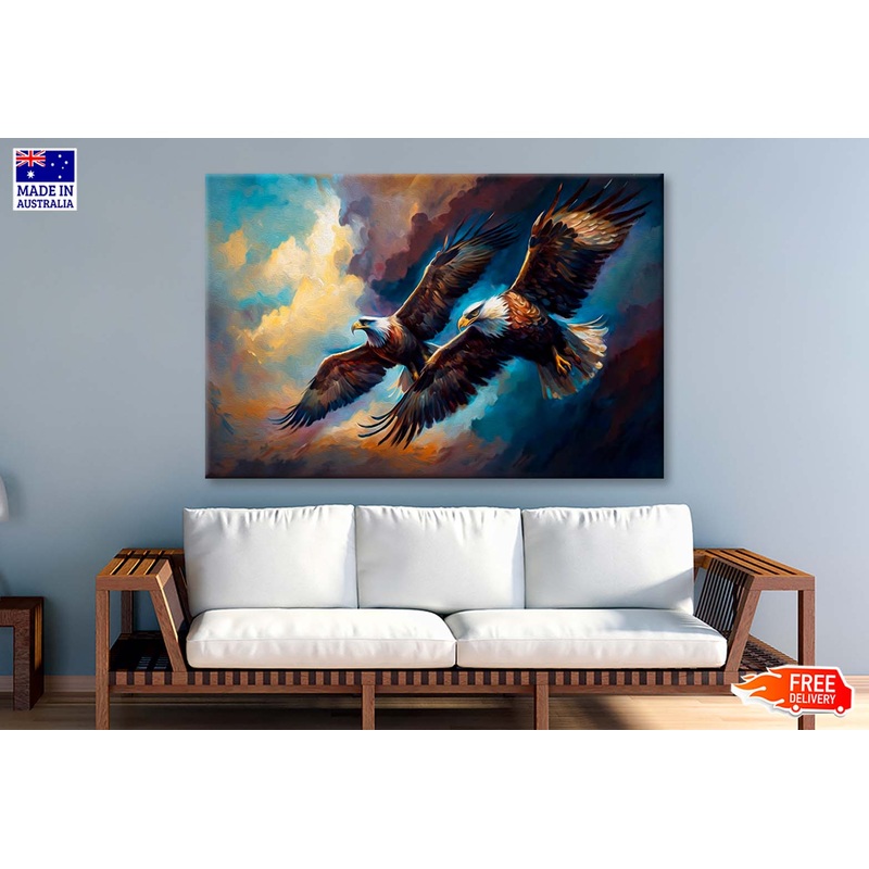 Tow Eagles Flying on Cloudy Sky Wall Art Limited Edition High Quality Print