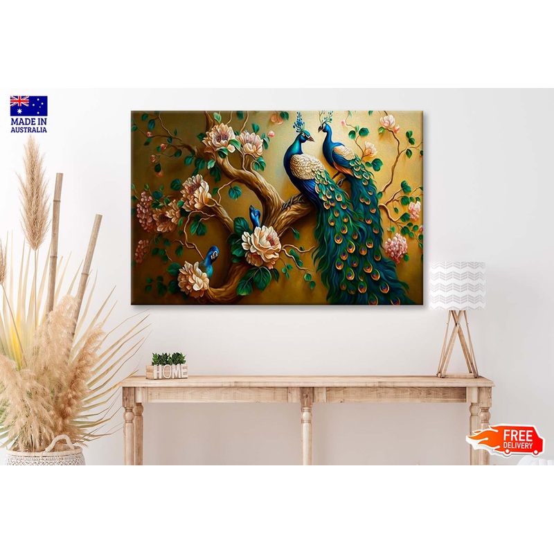Two Peacock with Gold Flowers Wall Art Limited Edition High Quality Print