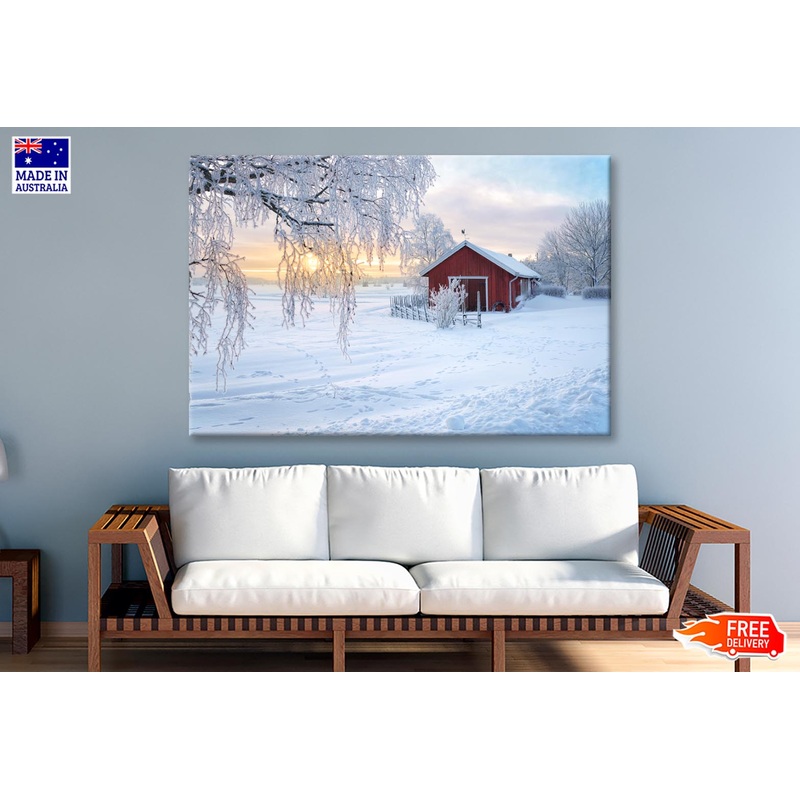 Winter View Of a Red Barn at Sunset in Rusko, Finland Wall Art Decor 100% Australian Made