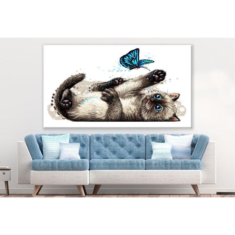 Cat Blue Butterfly Playing Painting Print 100% Australian Made