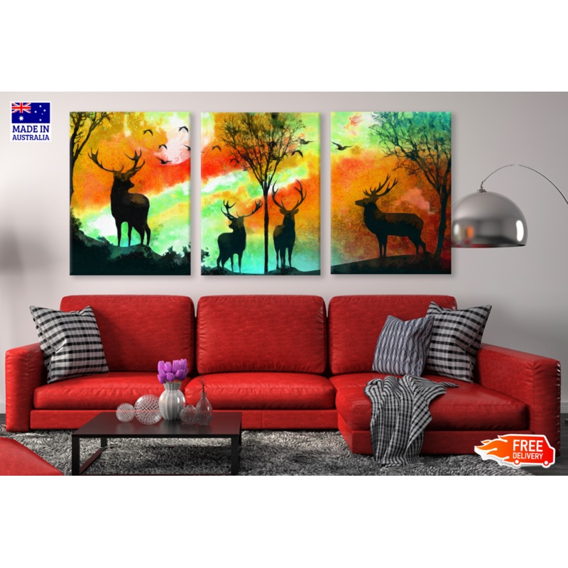 3 Set of Abstract Deers Night High Quality print 100% Australian made wall Canvas ready to hang