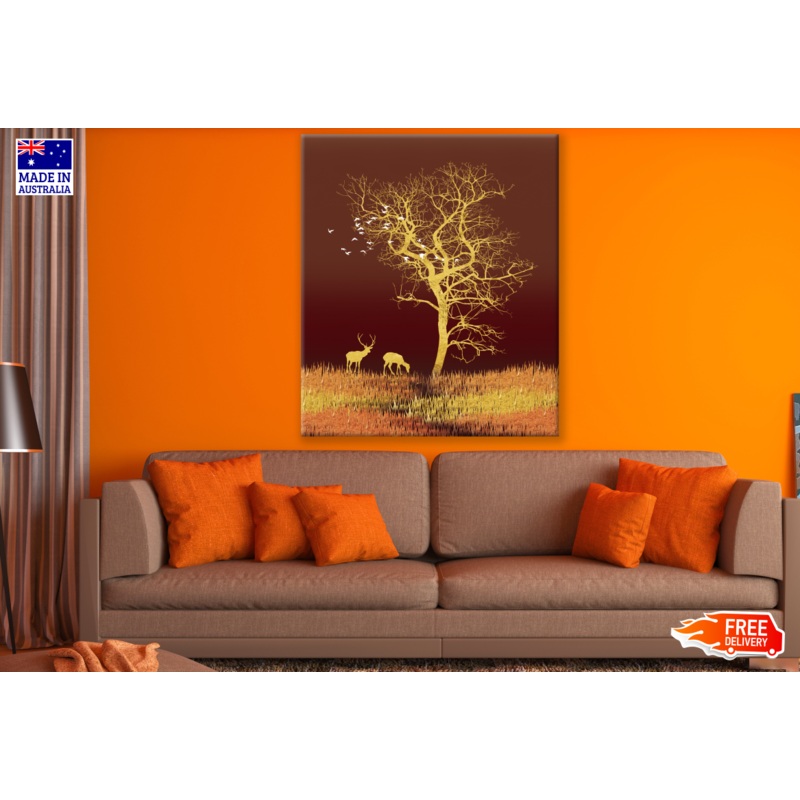 Abstract Tree Deer Couple & Birds Painting Print 100% Australian Made