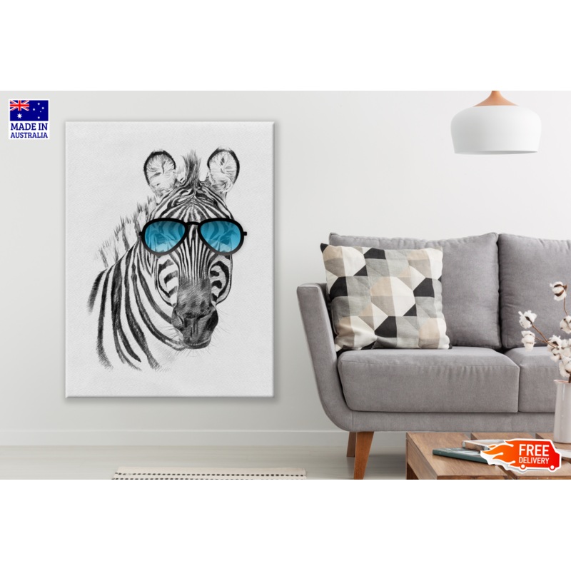B&W Zebra Portrait with Blue Sunglasses Print 100% Australian Made