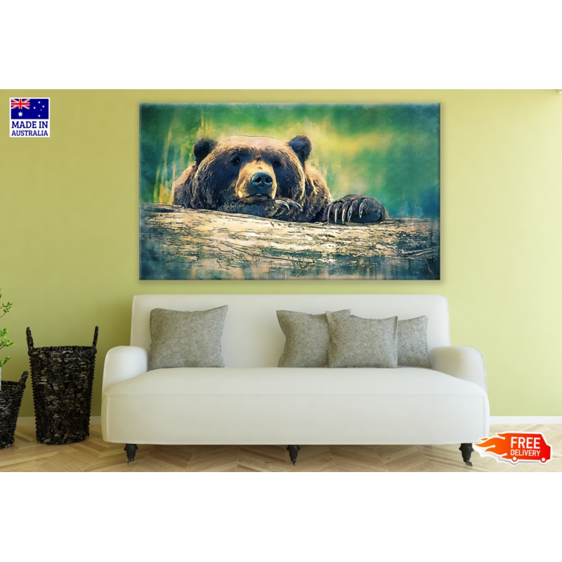 Bear Looking over a Tree trunk Painting Print 100% Australian Made
