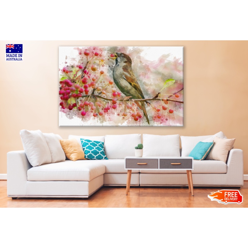 Bird Eating Cherries Painting Print 100% Australian Made
