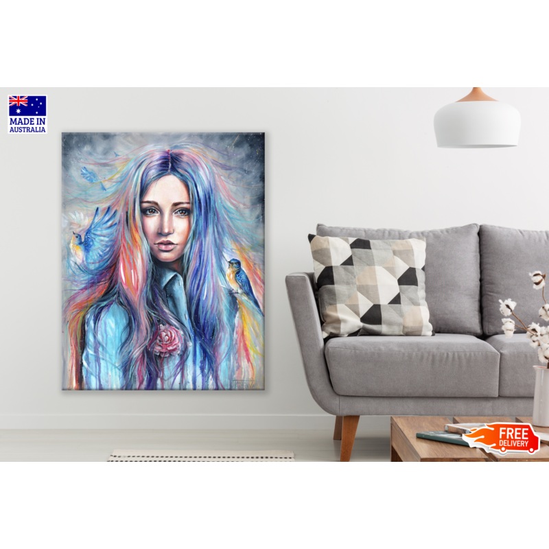 Birds and Blue Hair Girl Portrait Painting Print 100% Australian Made