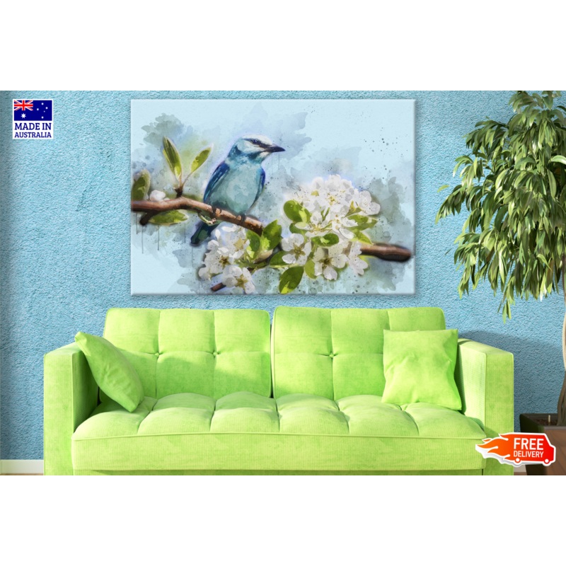 Blue Bird Sitting on a branch with White Flowers Painting Print 100% Australian Made