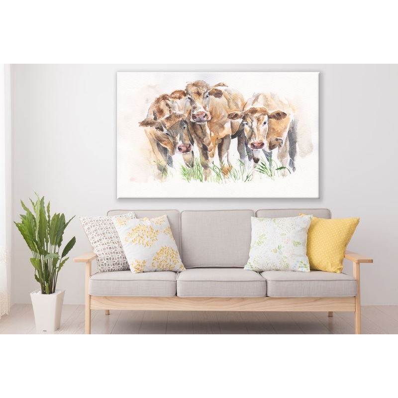 Brown Cattles Eating Painting Print 100% Australian Made