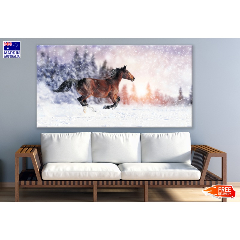 Brown Horse Running on Snow Print 100% Australian Made