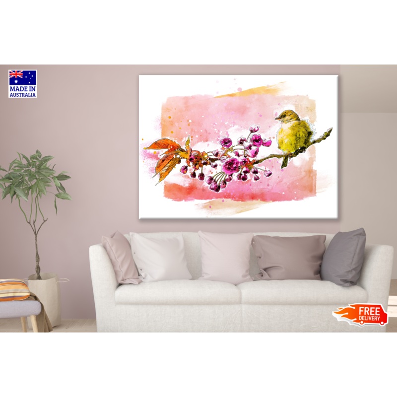 Robin Bird Sitting on a Branch with Flowers Painting Print 100% Australian Made