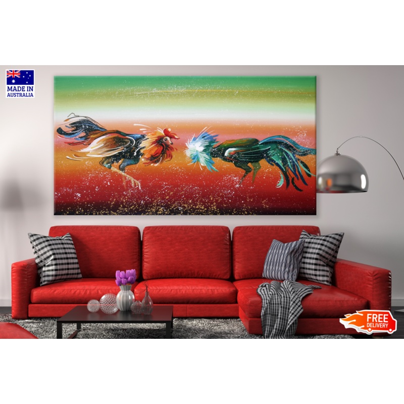 Roosters Fighting Painting Print 100% Australian Made