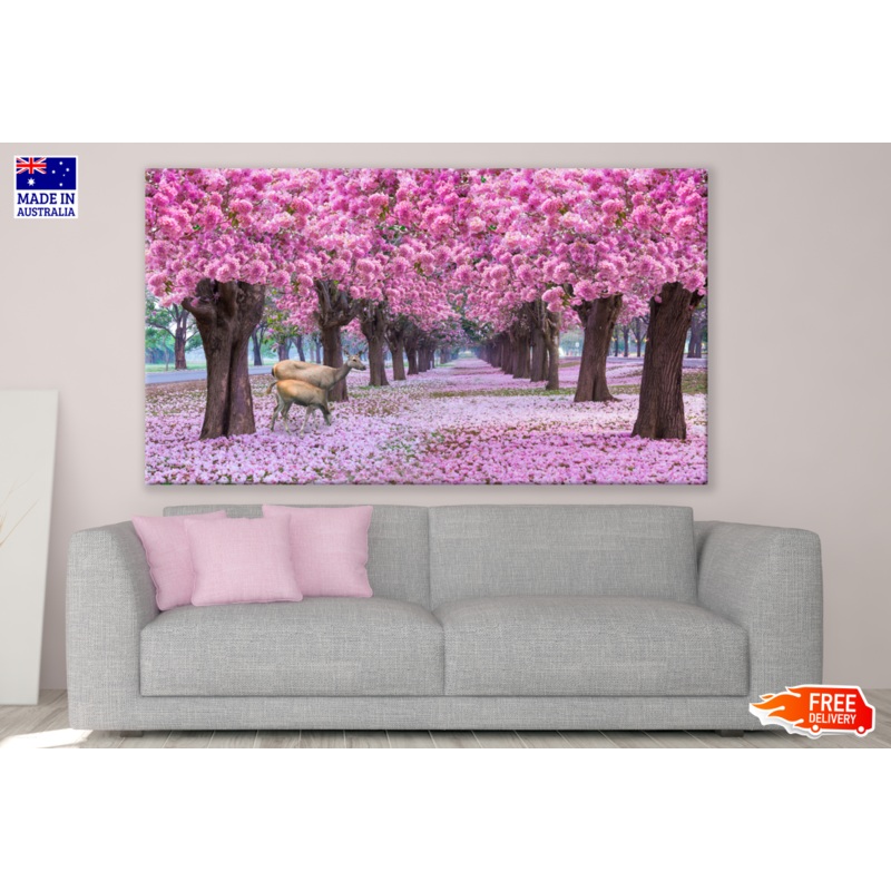 Rows of Beautiful Pink Flowers Trees With 2 Deers Print 100% Australian Made