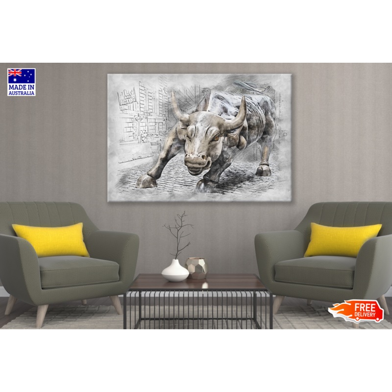 Running Bull Statue on Street B&W Painting  Print 100% Australian Made