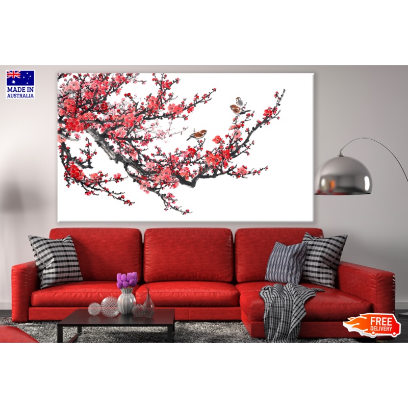 Birds On Red Flower Tree Painting  Print 100% Australian Made