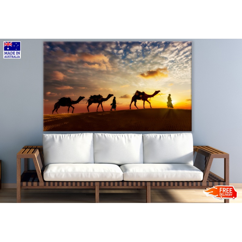 Camels Walking Across The Desert Sunset Photograph Print 100% Australian Made