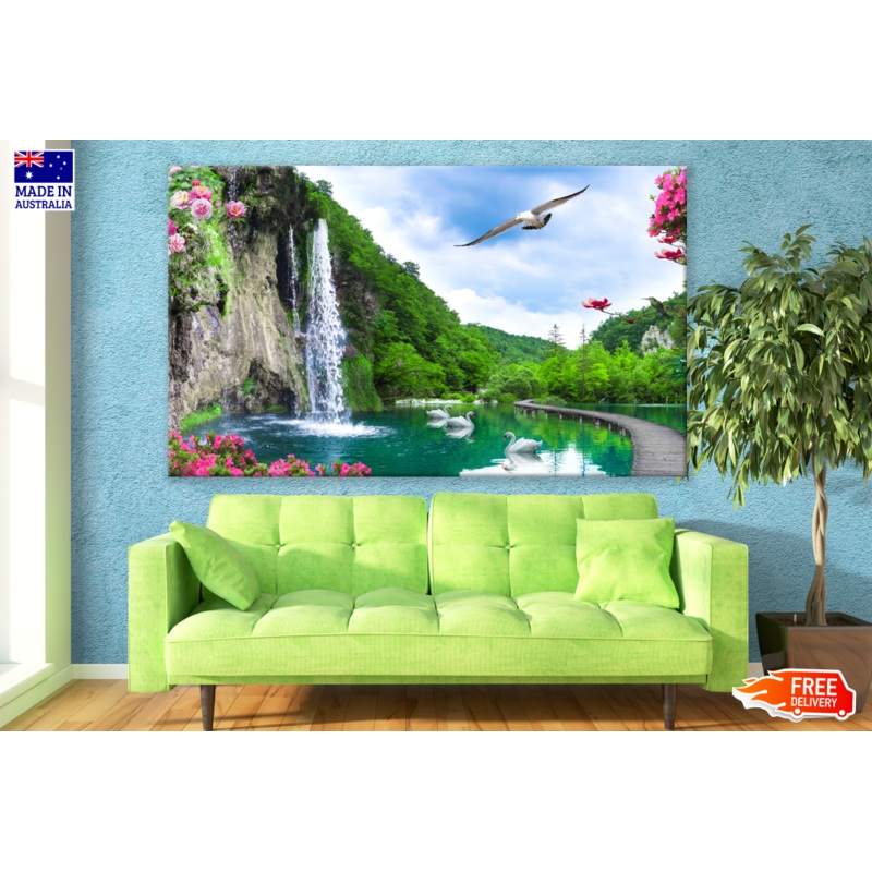 Stunning Waterfall Wooden Pier & Swans on Water Photograph Print 100% Australian Made