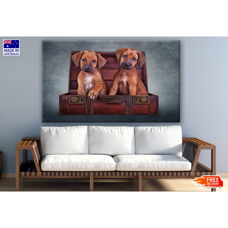 Two Puppies on a Suit Case Painting Print 100% Australian Made